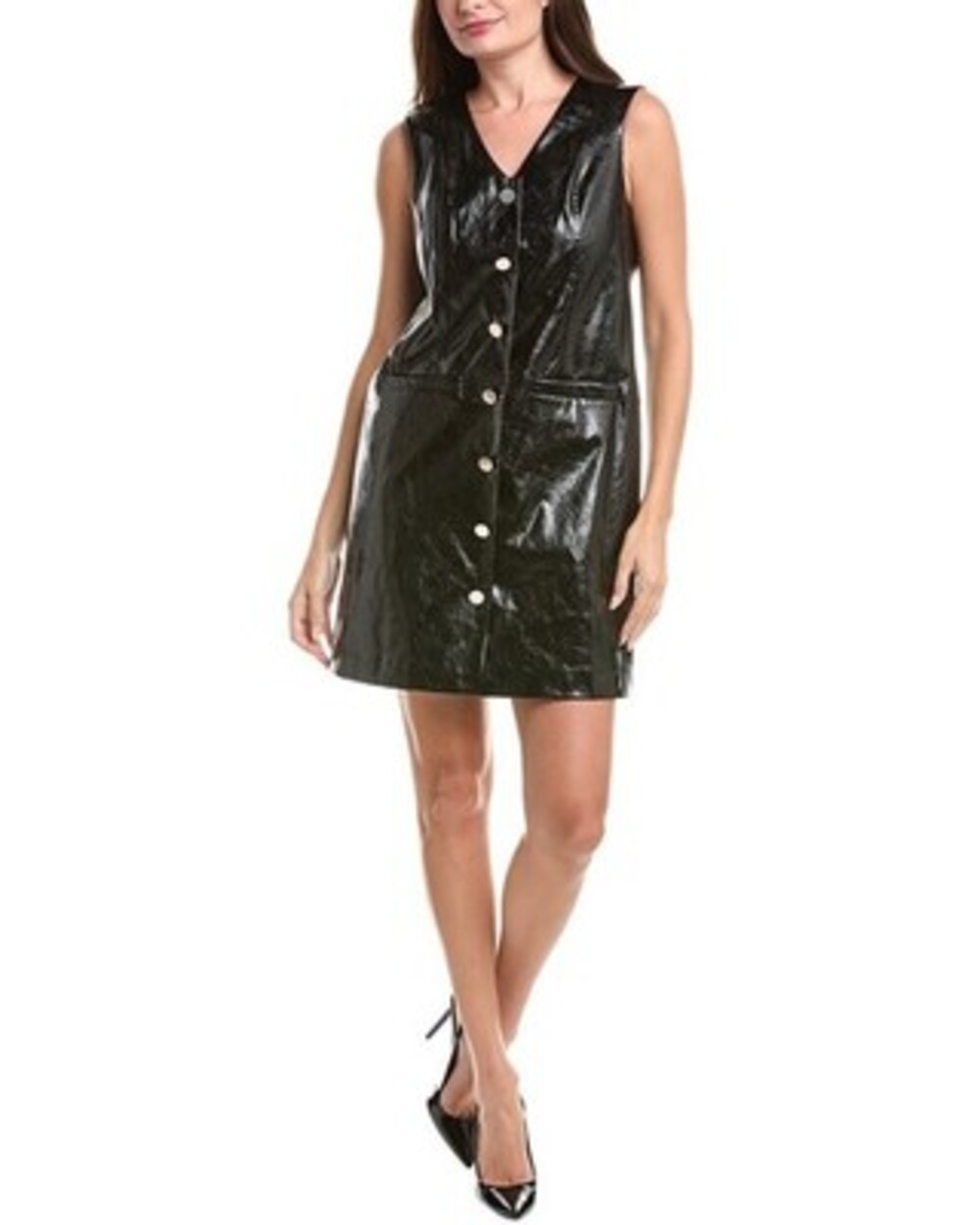 Anne Klein Faux-Leather Vinyl Sleeveless Button-Down Dress Women's 10 Black